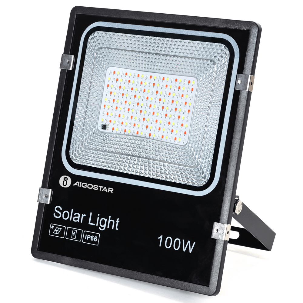 Faro Led 100W Nero con pannello solare IP66 RGB Dimmerabile con telecomando e crepuscolare Aigostar - Foto 1