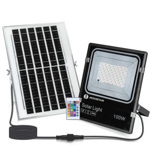 Foto principale Faro Led 100W Nero con pannello solare IP66 RGB Dimmerabile con telecomando e crepuscolare Aigostar