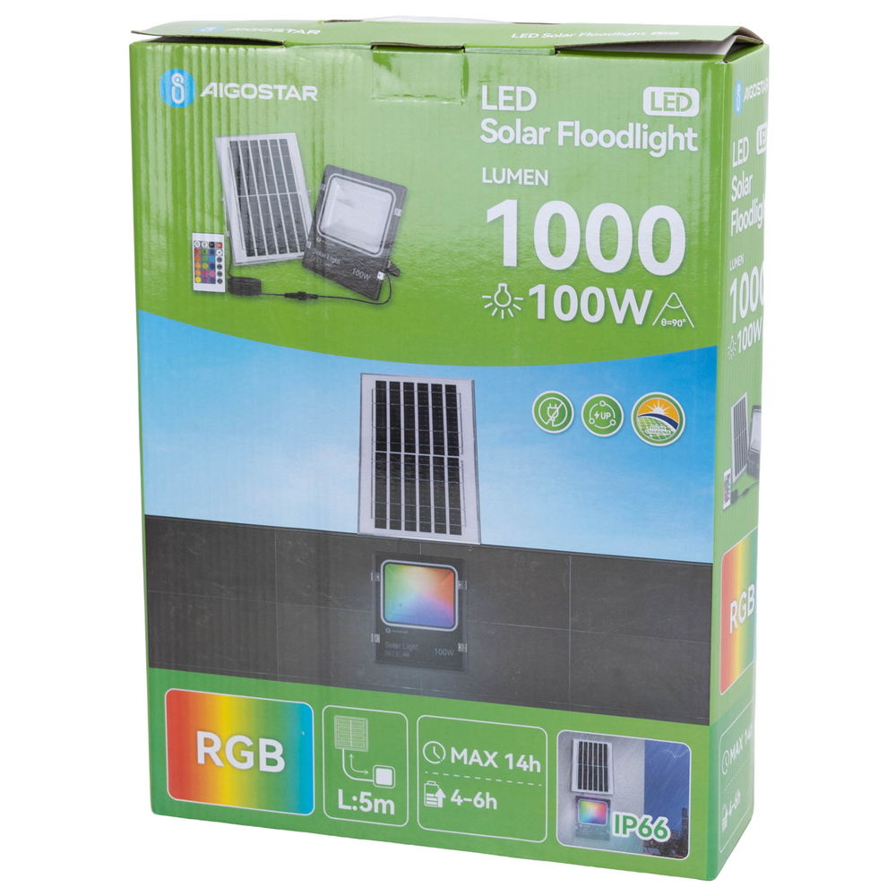 Faro Led 100W Nero con pannello solare IP66 RGB Dimmerabile con telecomando e crepuscolare Aigostar - Foto 5
