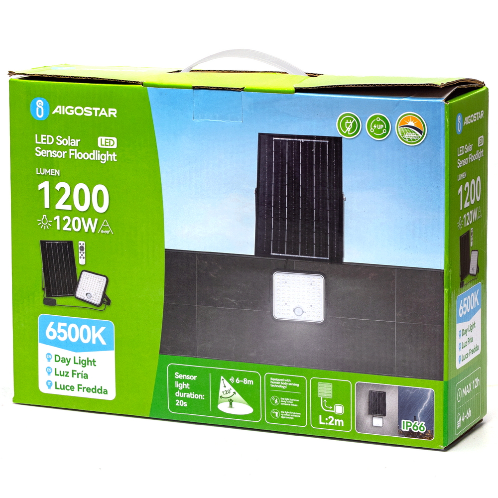 Faro Led 120W Grigio con pannello solare IP66 Bianco freddo 6500K Dimmerabile telecomando con sensore crepuscolare e di movimento Aigostar - Foto 3