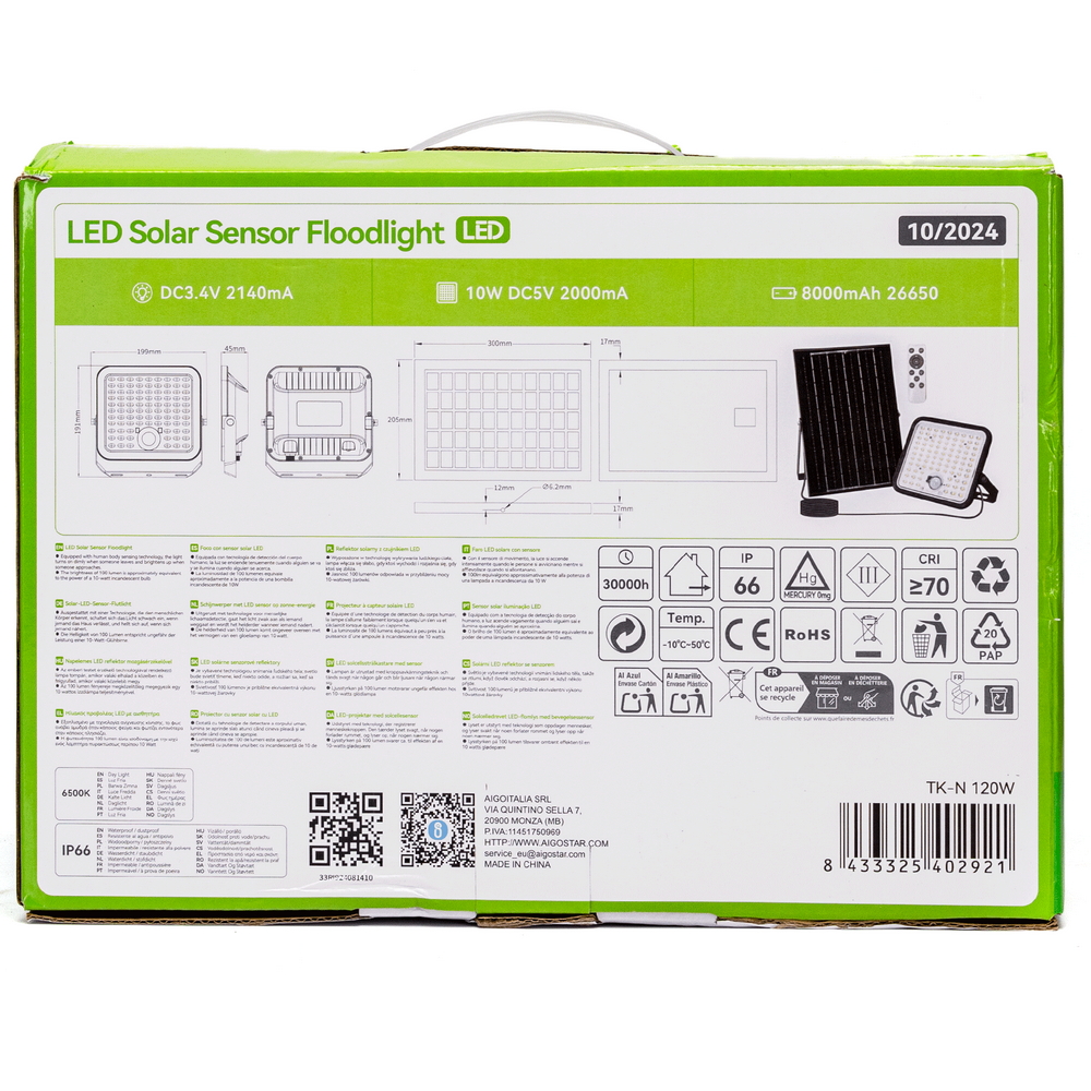 Faro Led 120W Grigio con pannello solare IP66 Bianco freddo 6500K Dimmerabile telecomando con sensore crepuscolare e di movimento Aigostar - Foto 4