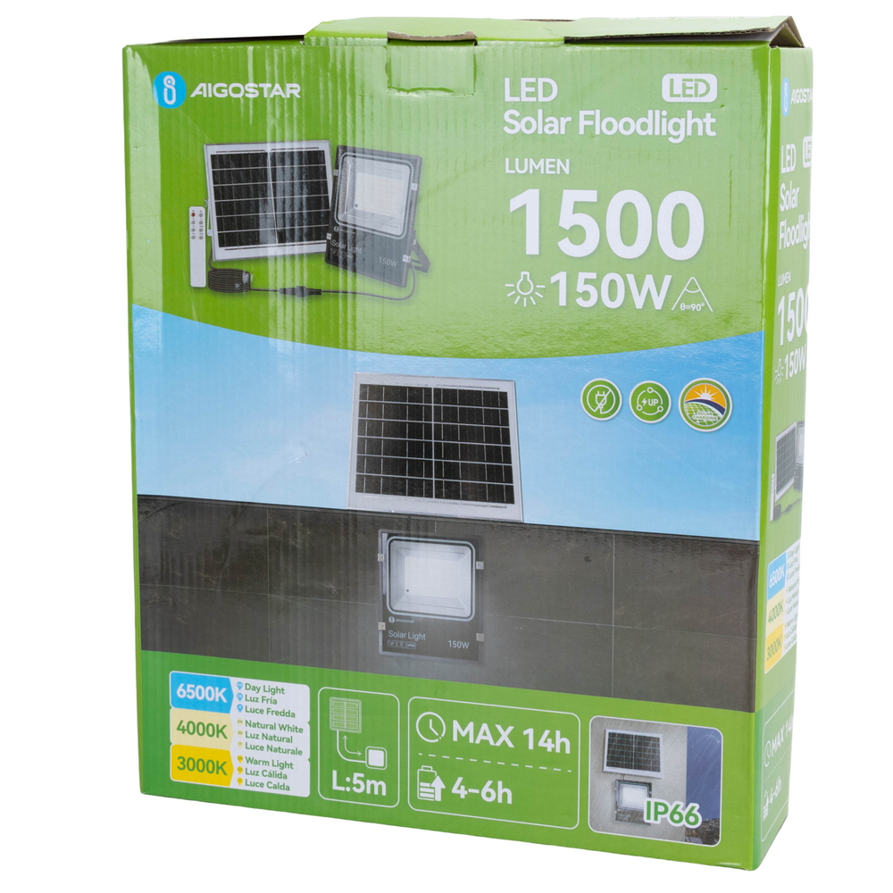 Faro Led 150W Nero con pannello solare IP66 CCT temperatura colore regolabile Dimmerabile con telecomando e crepuscolare Aigostar - Foto 5