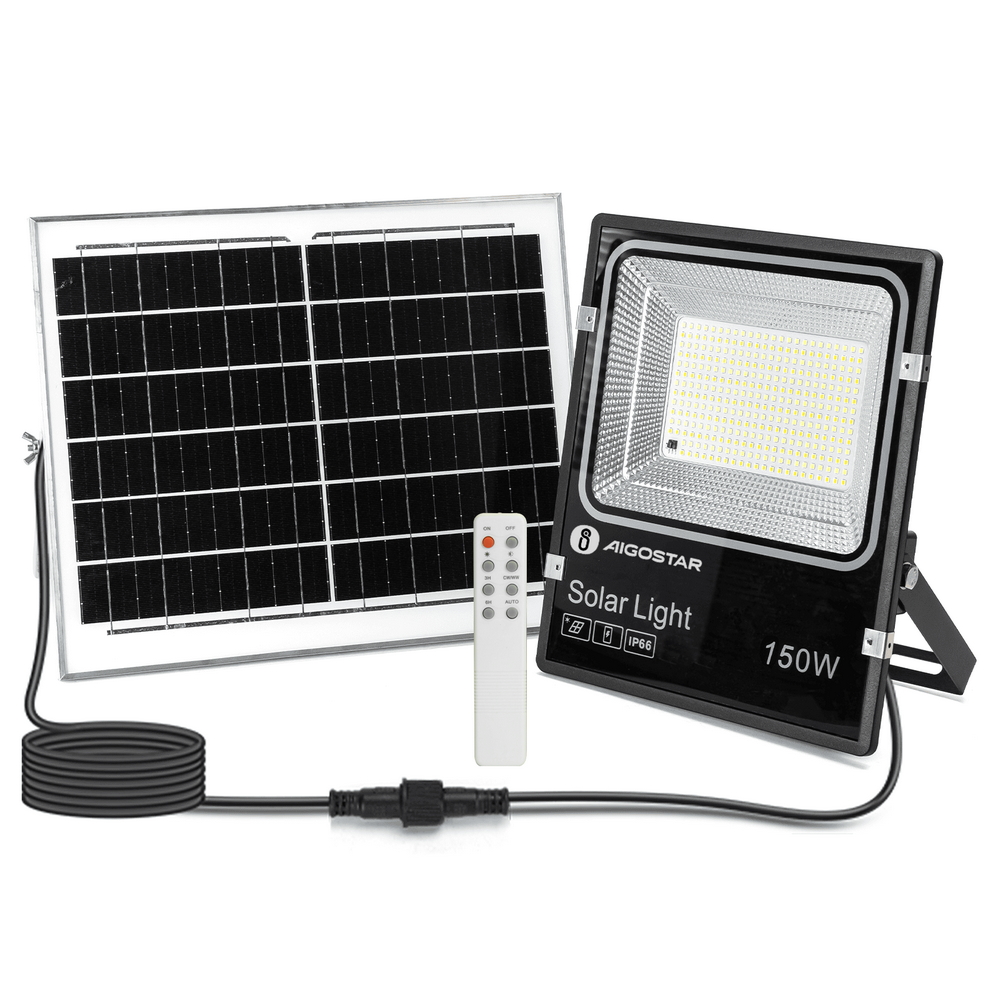 Foto principale Faro Led 150W Nero con pannello solare IP66 CCT temperatura colore regolabile Dimmerabile con telecomando e crepuscolare Aigostar