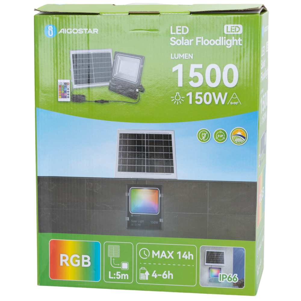 Faro Led 150W Nero con pannello solare IP66 RGB Dimmerabile con telecomando e crepuscolare Aigostar - Foto 4