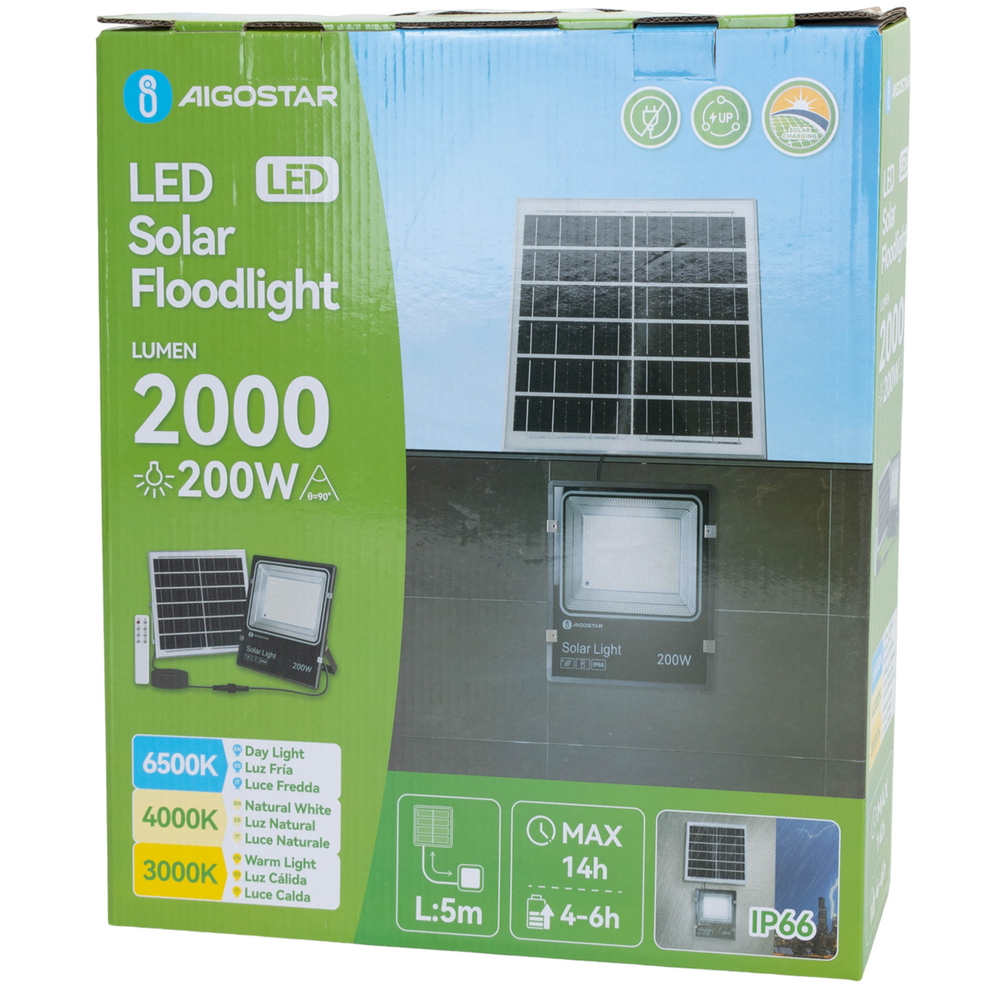 Faro Led 200W Nero con pannello solare IP66 CCT temperatura colore regolabile Dimmerabile con telecomando e crepuscolare Aigostar - Foto 5