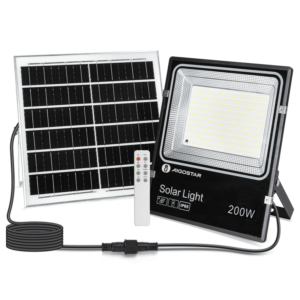 Foto principale Faro Led 200W Nero con pannello solare IP66 CCT temperatura colore regolabile Dimmerabile con telecomando e crepuscolare Aigostar