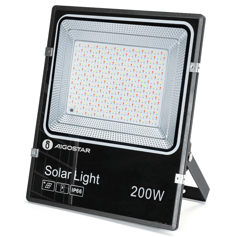 Faro Led 200W Nero con pannello solare IP66 RGB Dimmerabile con telecomando e crepuscolare Aigostar - Foto 1