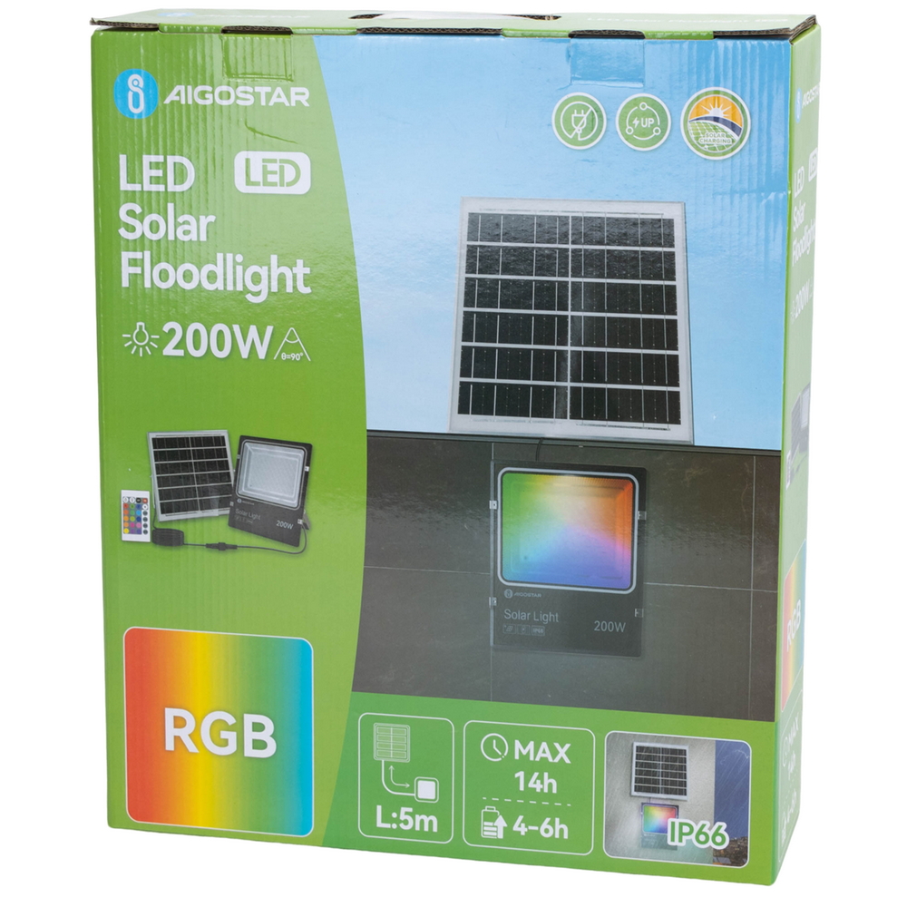 Faro Led 200W Nero con pannello solare IP66 RGB Dimmerabile con telecomando e crepuscolare Aigostar - Foto 5