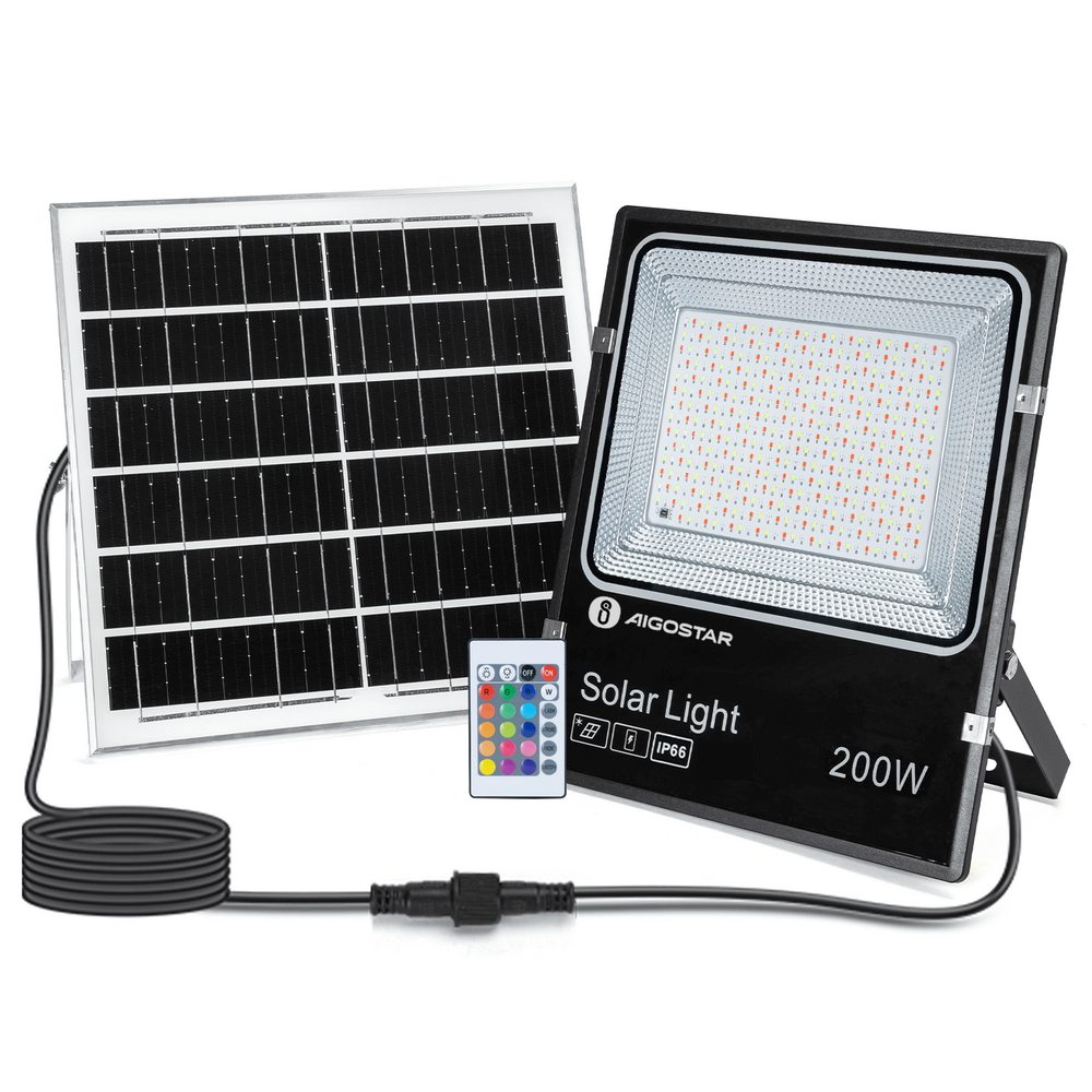 Foto principale Faro Led 200W Nero con pannello solare IP66 RGB Dimmerabile con telecomando e crepuscolare Aigostar