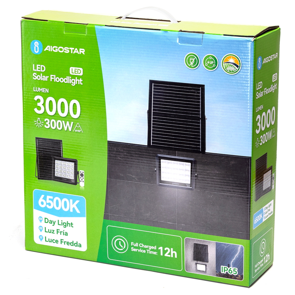 Faro Led 300W nero con pannello solare IP65 Bianco freddo 6500K Dimmerabile con telecomando e con sensore crepuscolare Aigostar - Foto 6