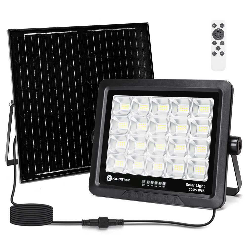 Foto principale Faro Led 300W nero con pannello solare IP65 Bianco freddo 6500K Dimmerabile con telecomando e con sensore crepuscolare Aigostar