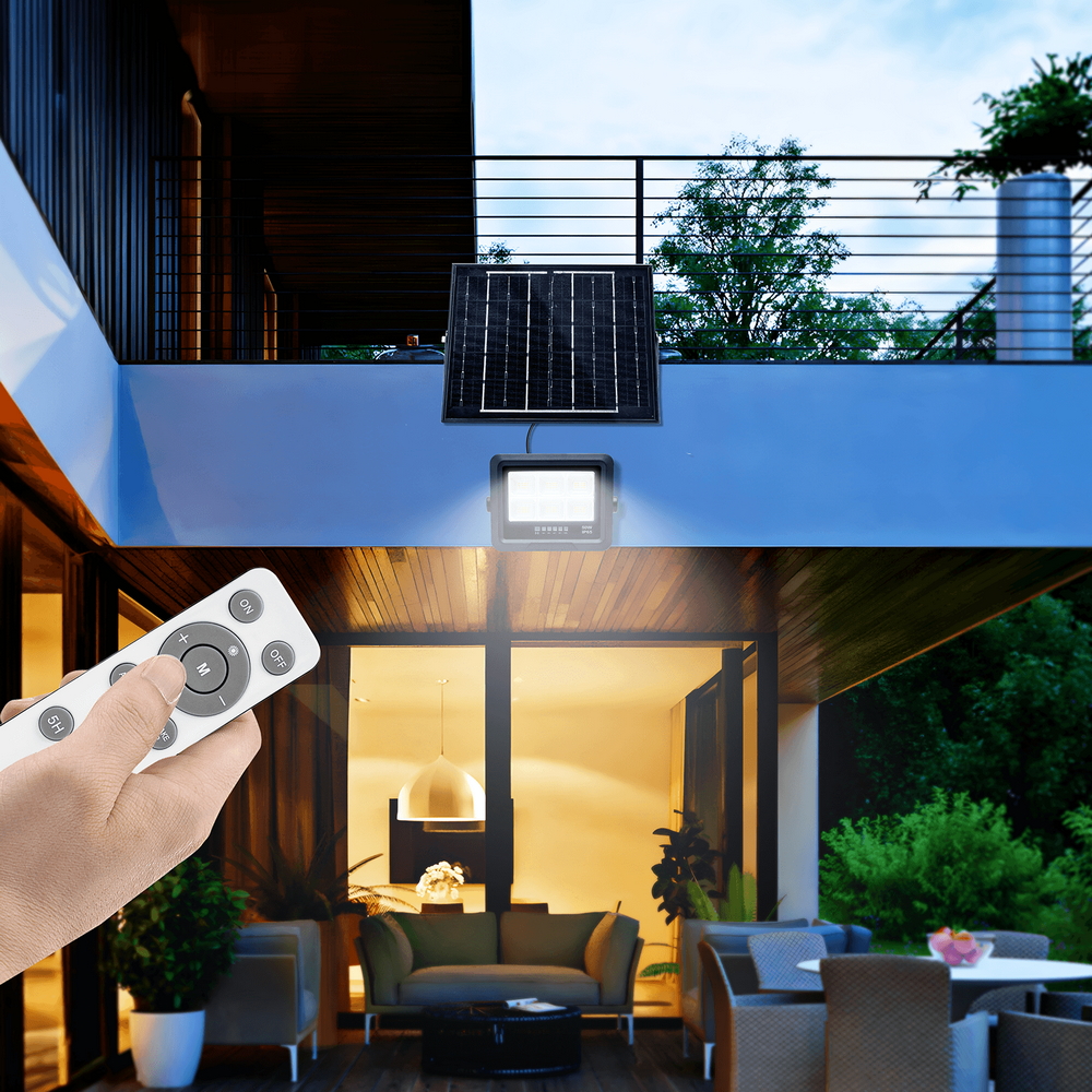 Faro Led 50W nero con pannello solare IP65 Bianco freddo 6500K Dimmerabile con telecomando e con sensore crepuscolare Aigostar - Foto 3