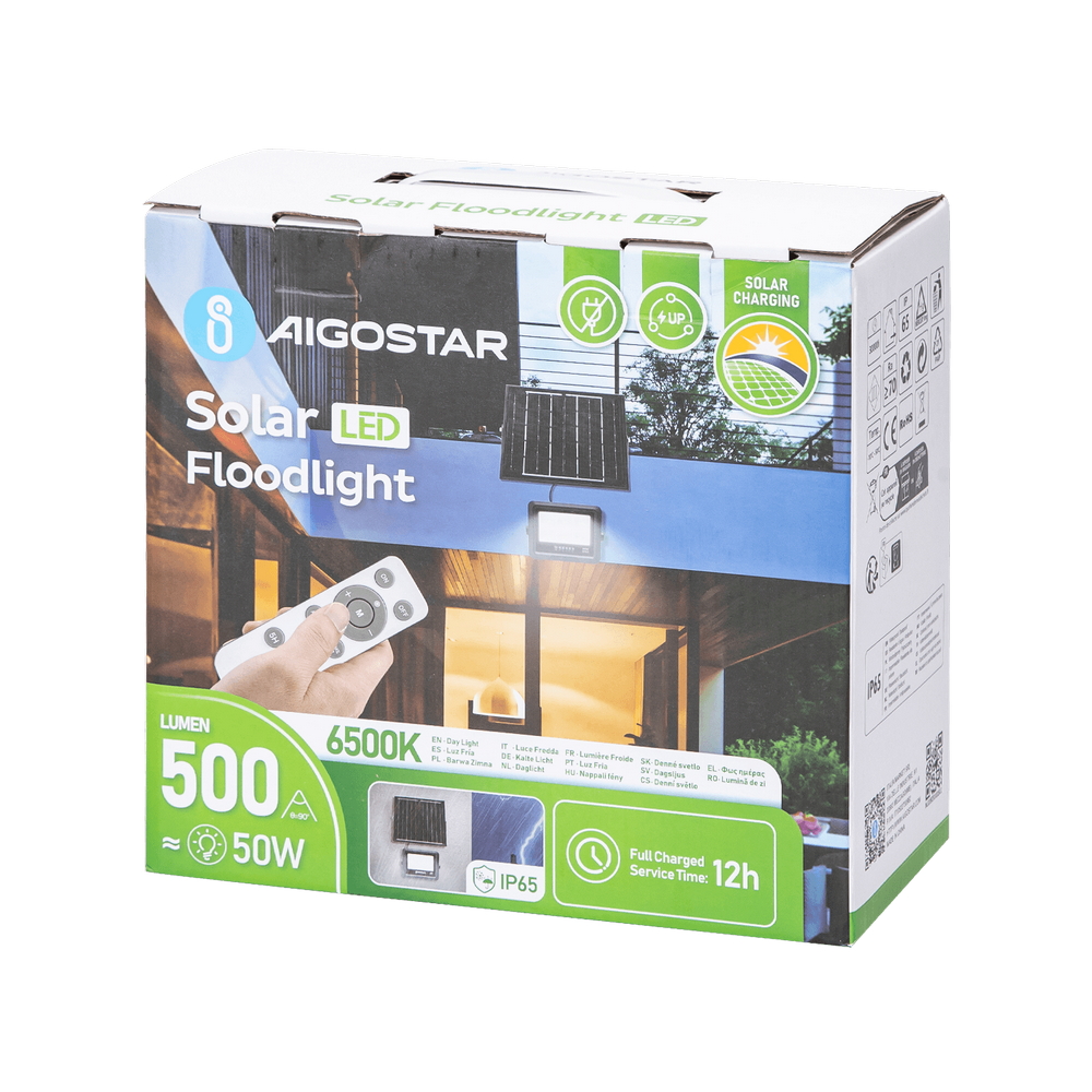 Faro Led 50W nero con pannello solare IP65 Bianco freddo 6500K Dimmerabile con telecomando e con sensore crepuscolare Aigostar - Foto 4