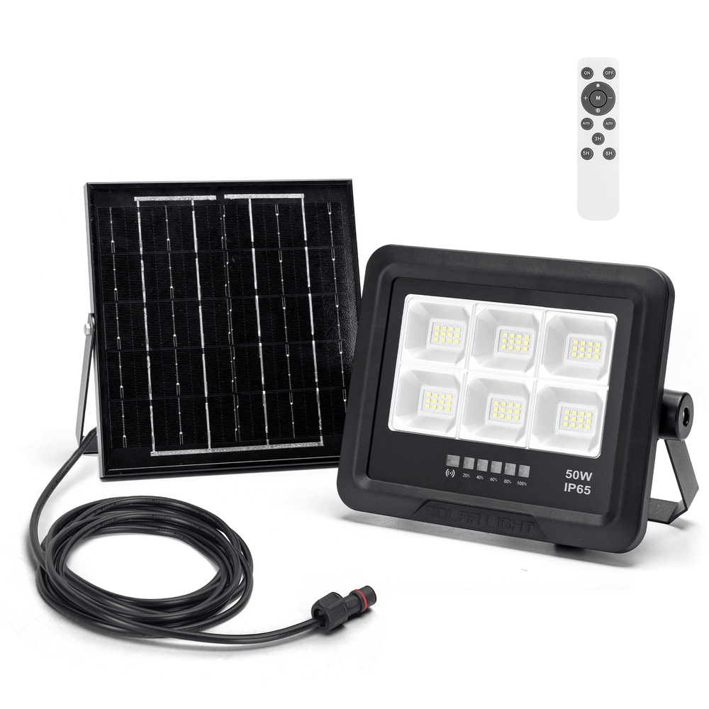 Foto principale Faro Led 50W nero con pannello solare IP65 Bianco freddo 6500K Dimmerabile con telecomando e con sensore crepuscolare Aigostar