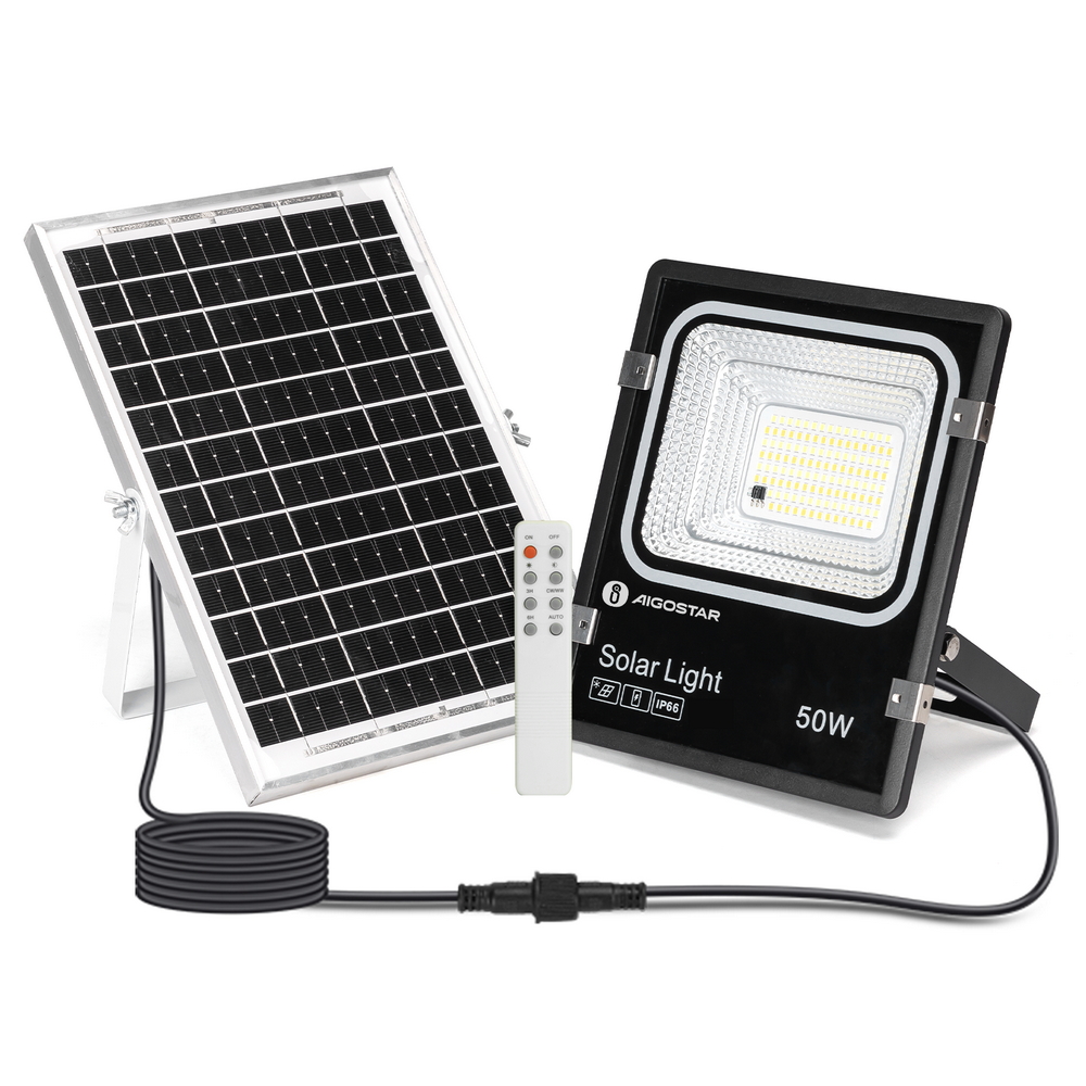 Foto principale Faro Led 50W Nero con pannello solare IP66 CCT temperatura colore regolabile Dimmerabile con telecomando e crepuscolare Aigostar