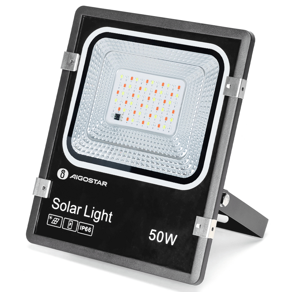 Faro Led 50W Nero con pannello solare IP66 RGB Dimmerabile con telecomando e crepuscolare Aigostar - Foto 1