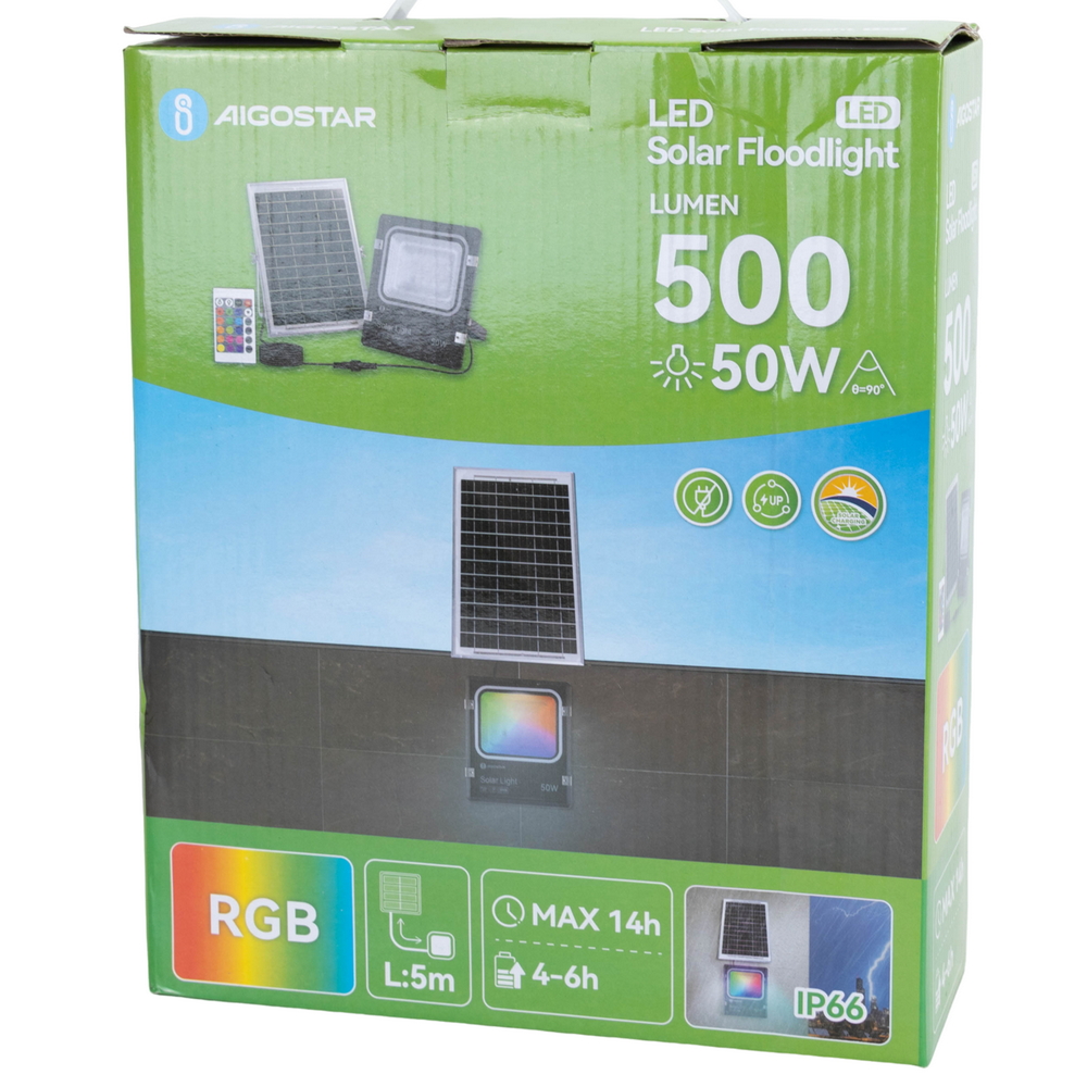 Faro Led 50W Nero con pannello solare IP66 RGB Dimmerabile con telecomando e crepuscolare Aigostar - Foto 5