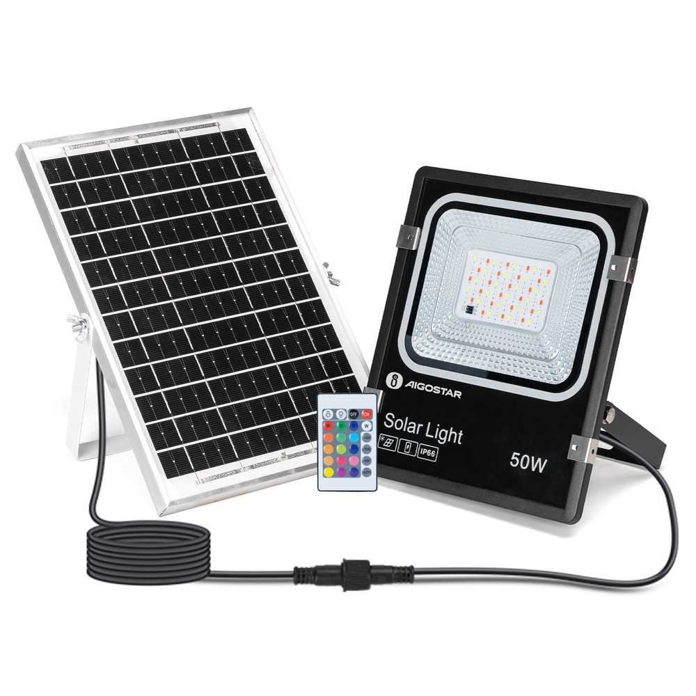 Foto principale Faro Led 50W Nero con pannello solare IP66 RGB Dimmerabile con telecomando e crepuscolare Aigostar