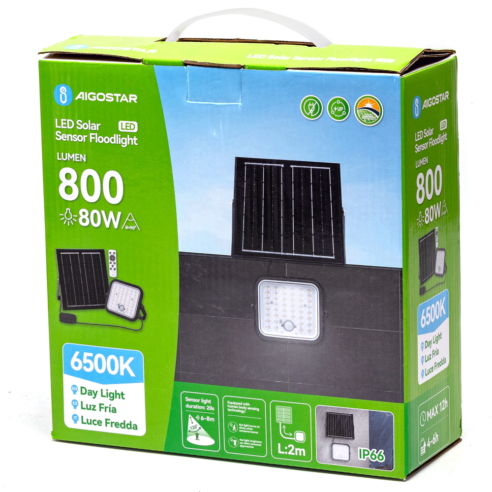 Faro Led 80W Grigio con pannello solare IP66 Bianco freddo 6500K Dimmerabile telecomando con sensore crepuscolare e di movimento Aigostar - Foto 3