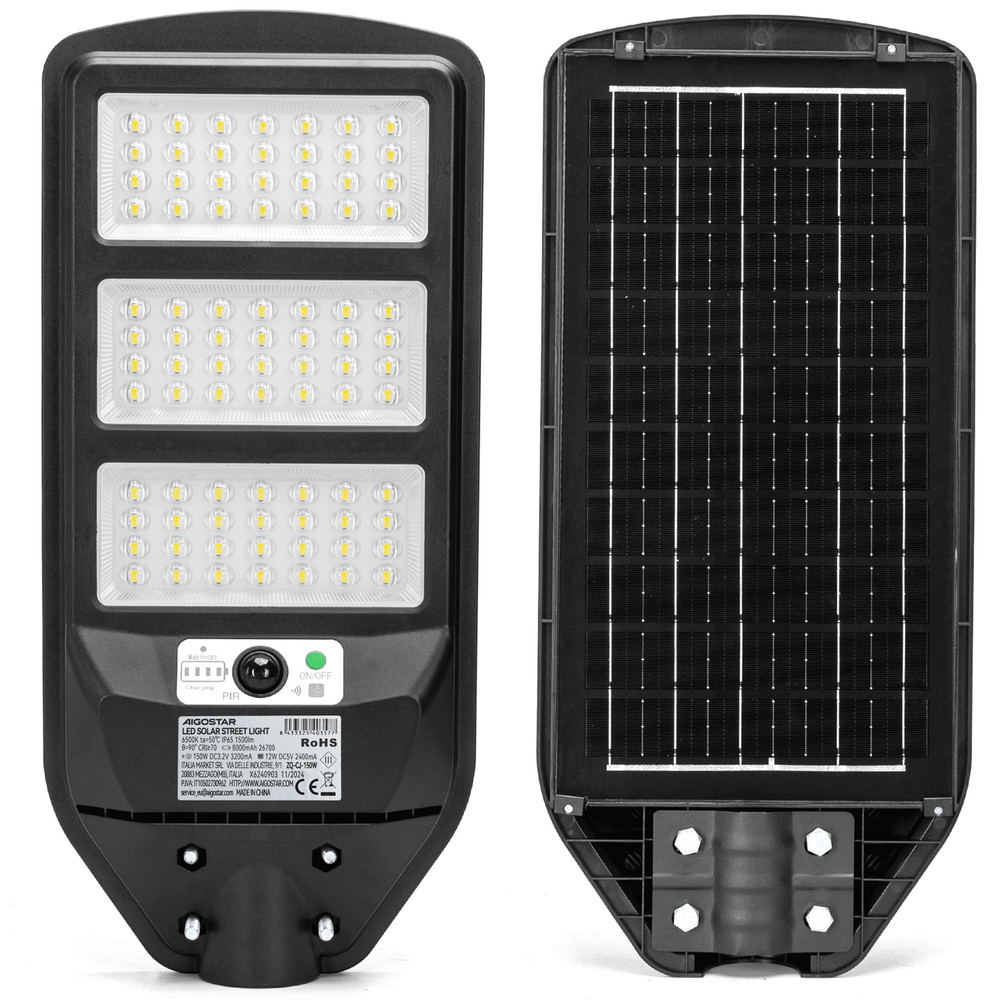 Lampione stradale Led 150W Nero con pannello solare IP65 Bianco freddo 6500K con sensore crepuscolare e di movimento Aigostar - Foto 1
