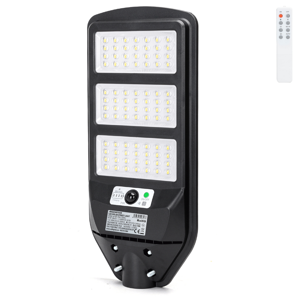 Foto principale Lampione stradale Led 150W Nero con pannello solare IP65 Bianco freddo 6500K con sensore crepuscolare e di movimento Aigostar