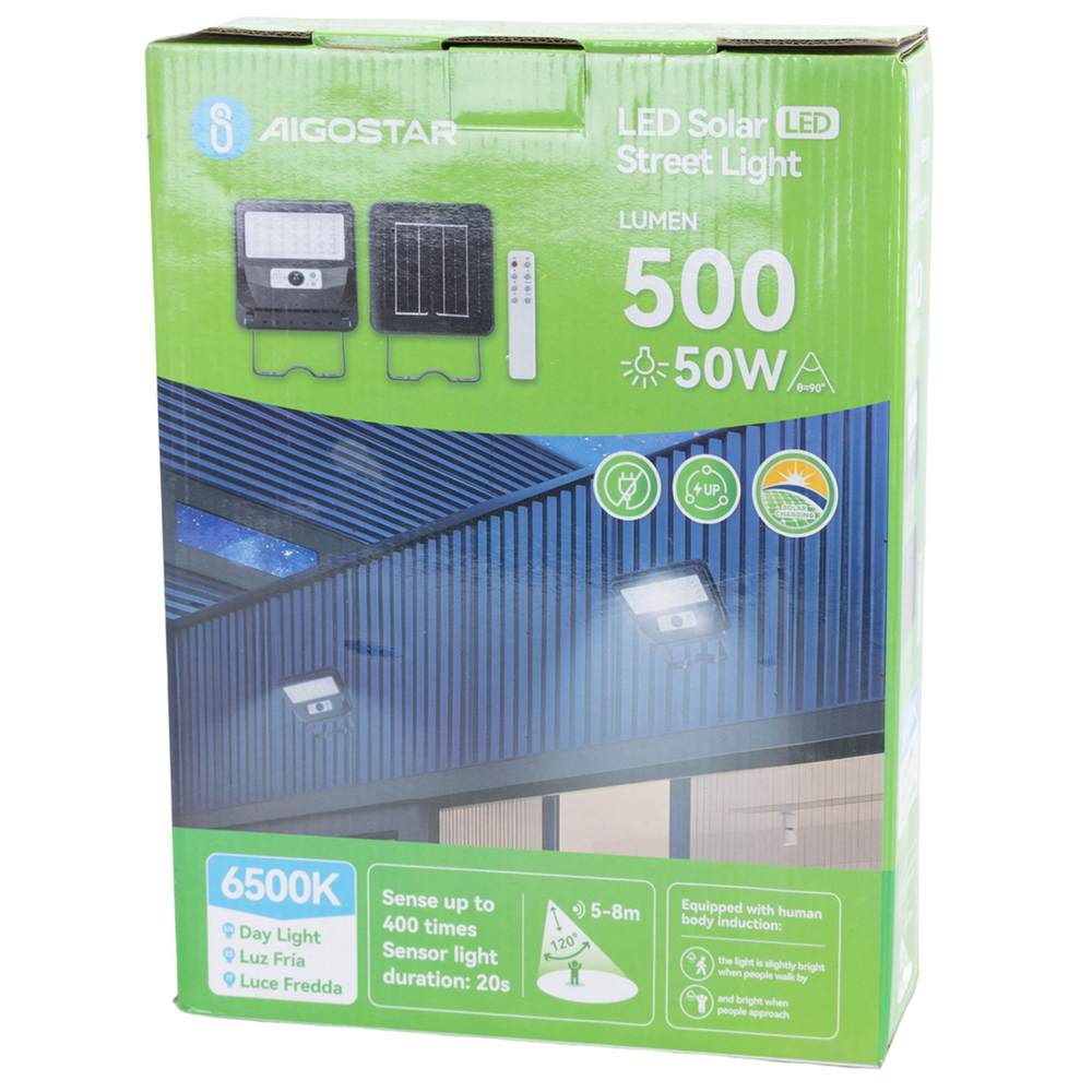 Lampione stradale Led 50W Nero con pannello solare IP65 Bianco freddo 6500K con sensore crepuscolare e di movimento Aigostar - Foto 5