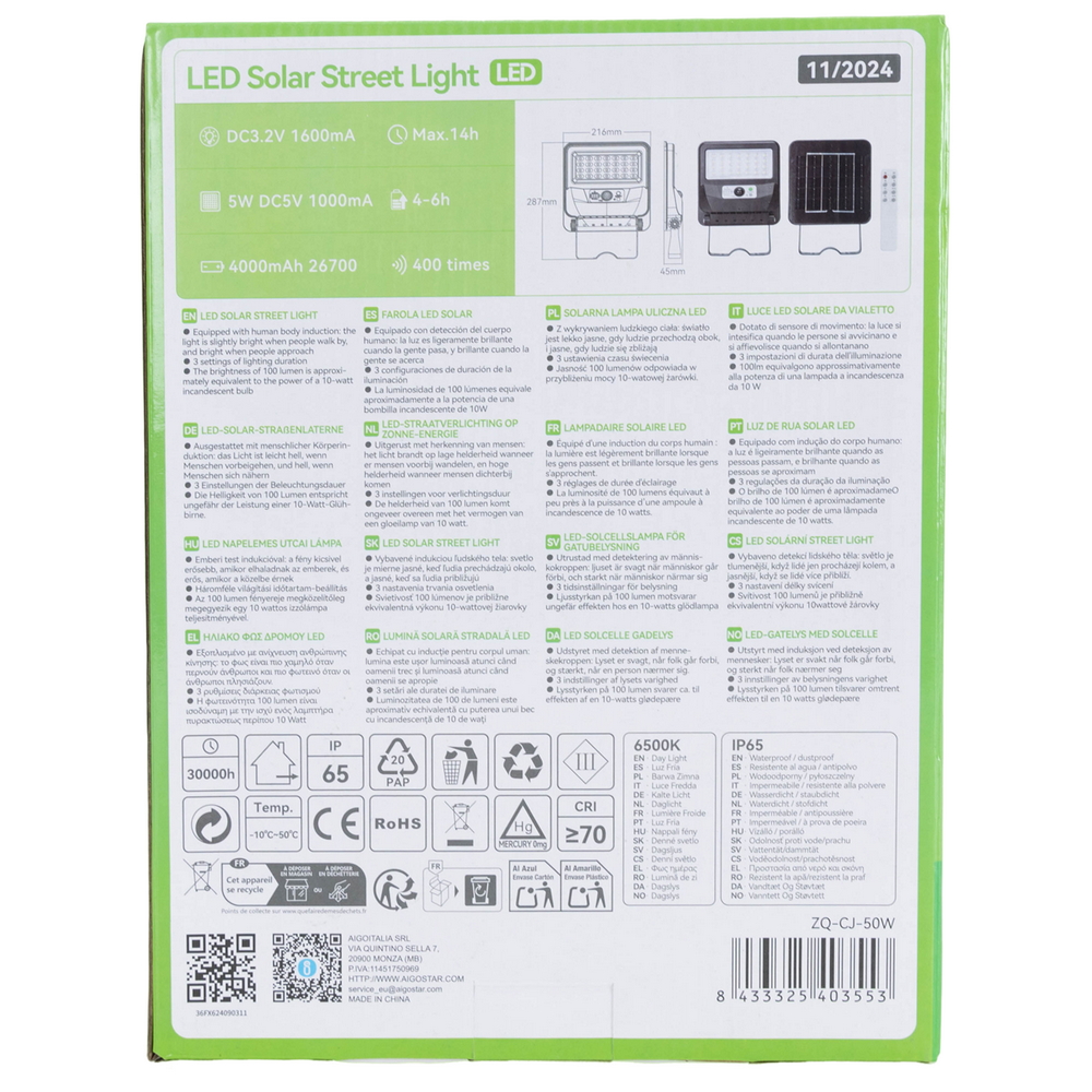 Lampione stradale Led 50W Nero con pannello solare IP65 Bianco freddo 6500K con sensore crepuscolare e di movimento Aigostar - Foto 6