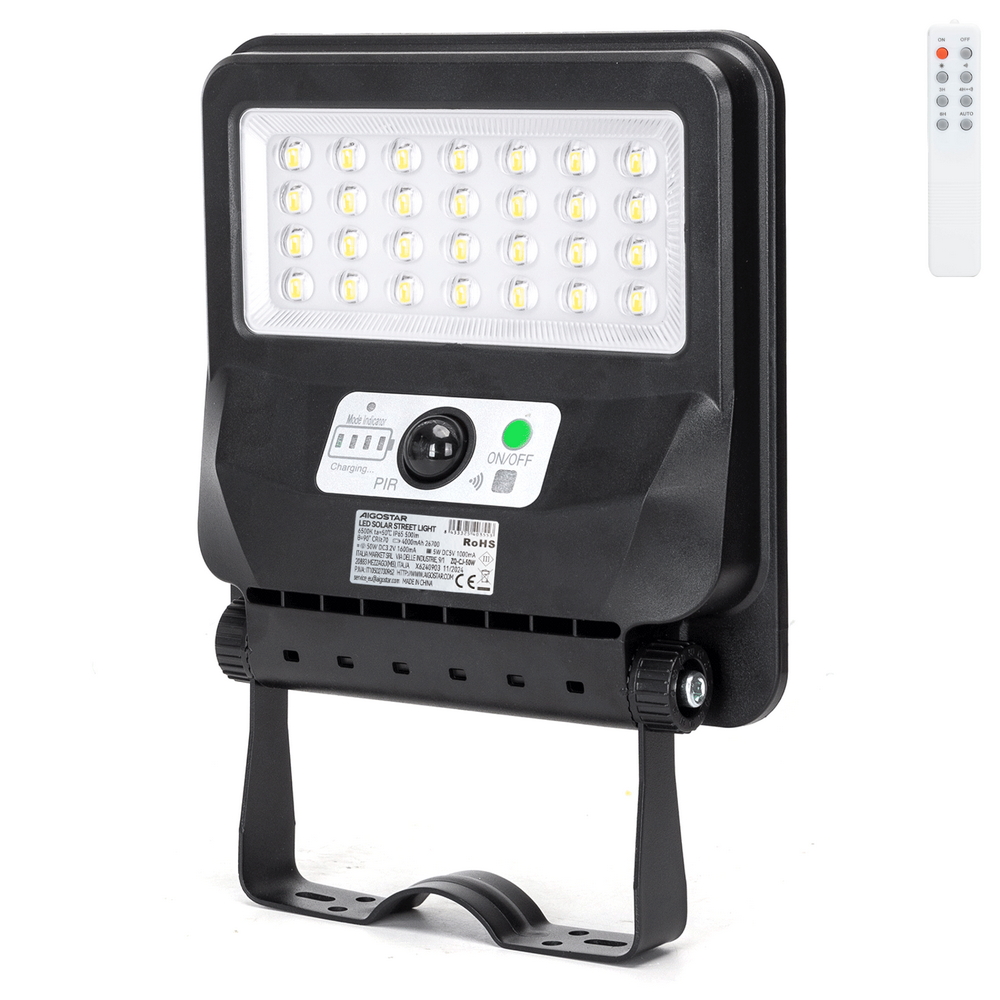 Foto principale Lampione stradale Led 50W Nero con pannello solare IP65 Bianco freddo 6500K con sensore crepuscolare e di movimento Aigostar