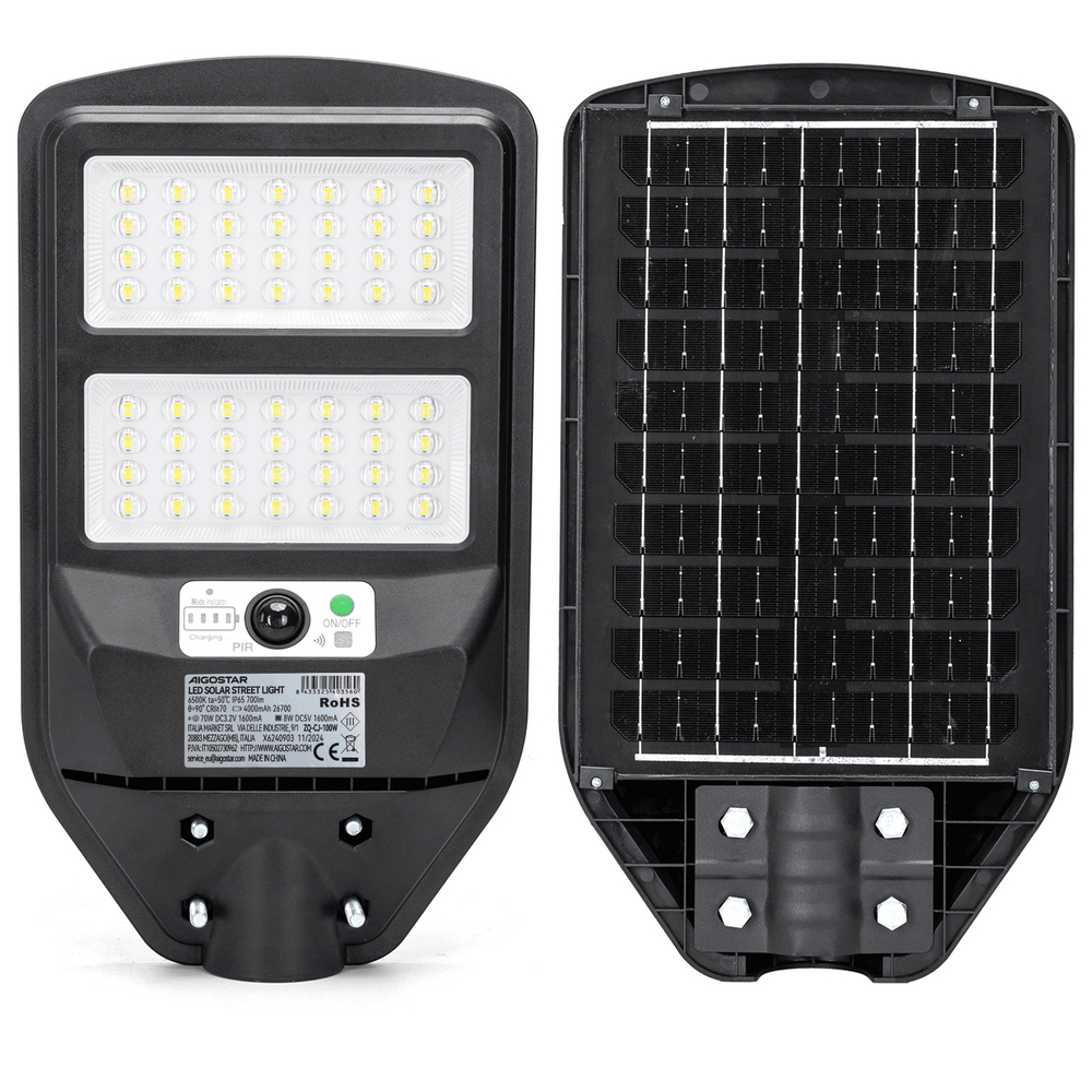 Lampione stradale Led 70W Nero con pannello solare IP65 Bianco freddo 6500K con sensore crepuscolare e di movimento Aigostar - Foto 1