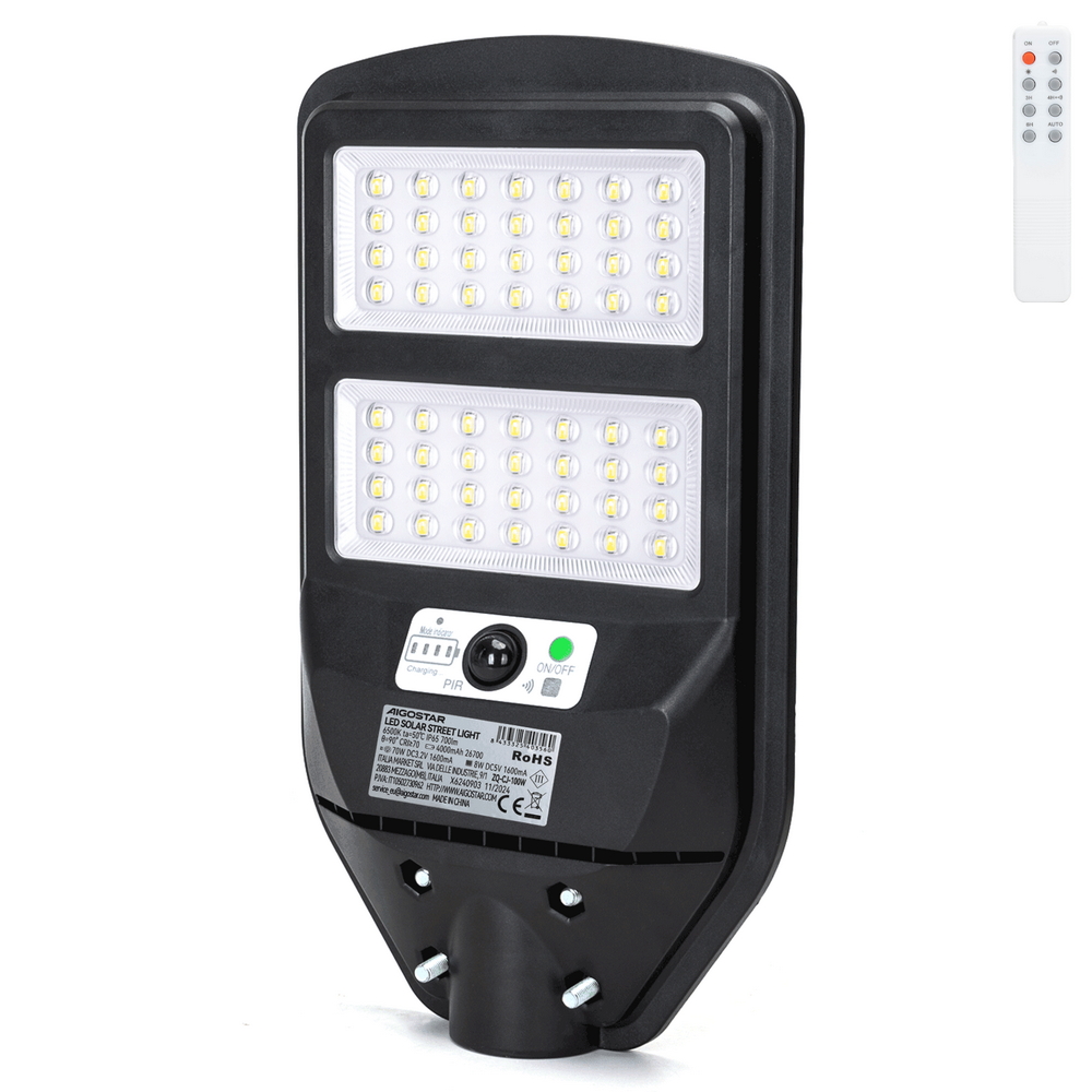 Foto principale Lampione stradale Led 70W Nero con pannello solare IP65 Bianco freddo 6500K con sensore crepuscolare e di movimento Aigostar