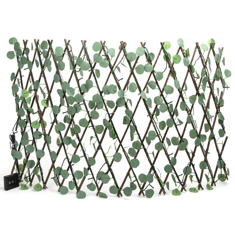 Foto principale Siepe artificiale luminosa 102 Led a energia solare Recinzione grigliato in legno con foglie di eucalipto da 2 metri alta 50cm Bianco caldo Aigostar