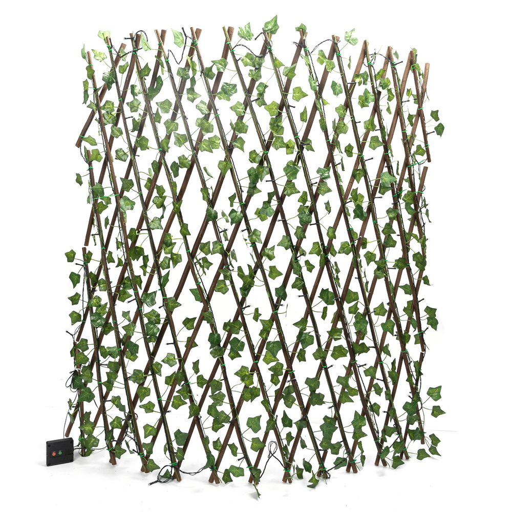 Foto principale Siepe artificiale luminosa 148 Led a energia solare Recinzione grigliato in legno con foglie di edera da 2 metri alta 1 metro Bianco caldo Aigostar