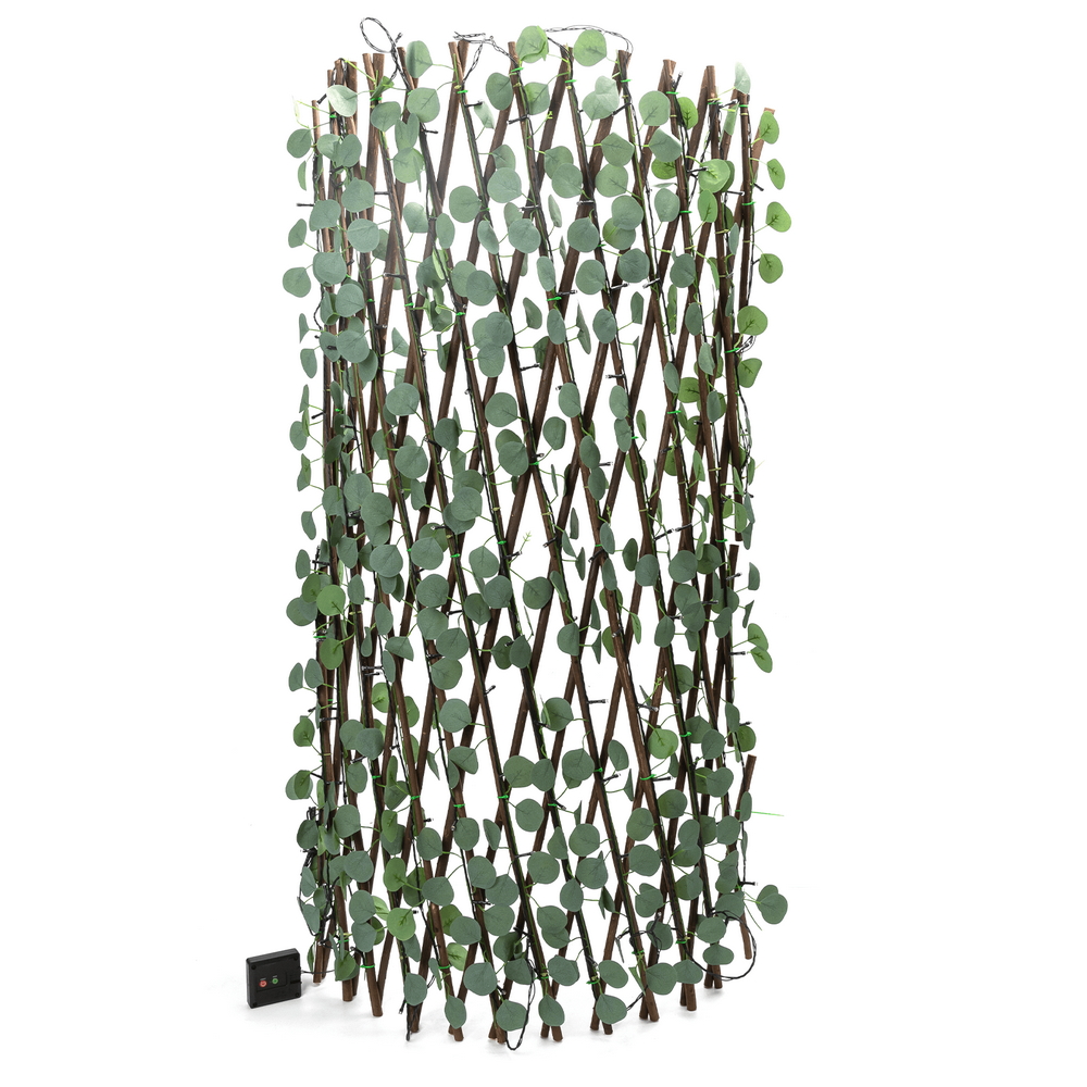 Foto principale Siepe artificiale luminosa 148 Led a energia solare Recinzione grigliato in legno con foglie di eucalipto da 2 metri alta 1 metro Bianco caldo Aigostar