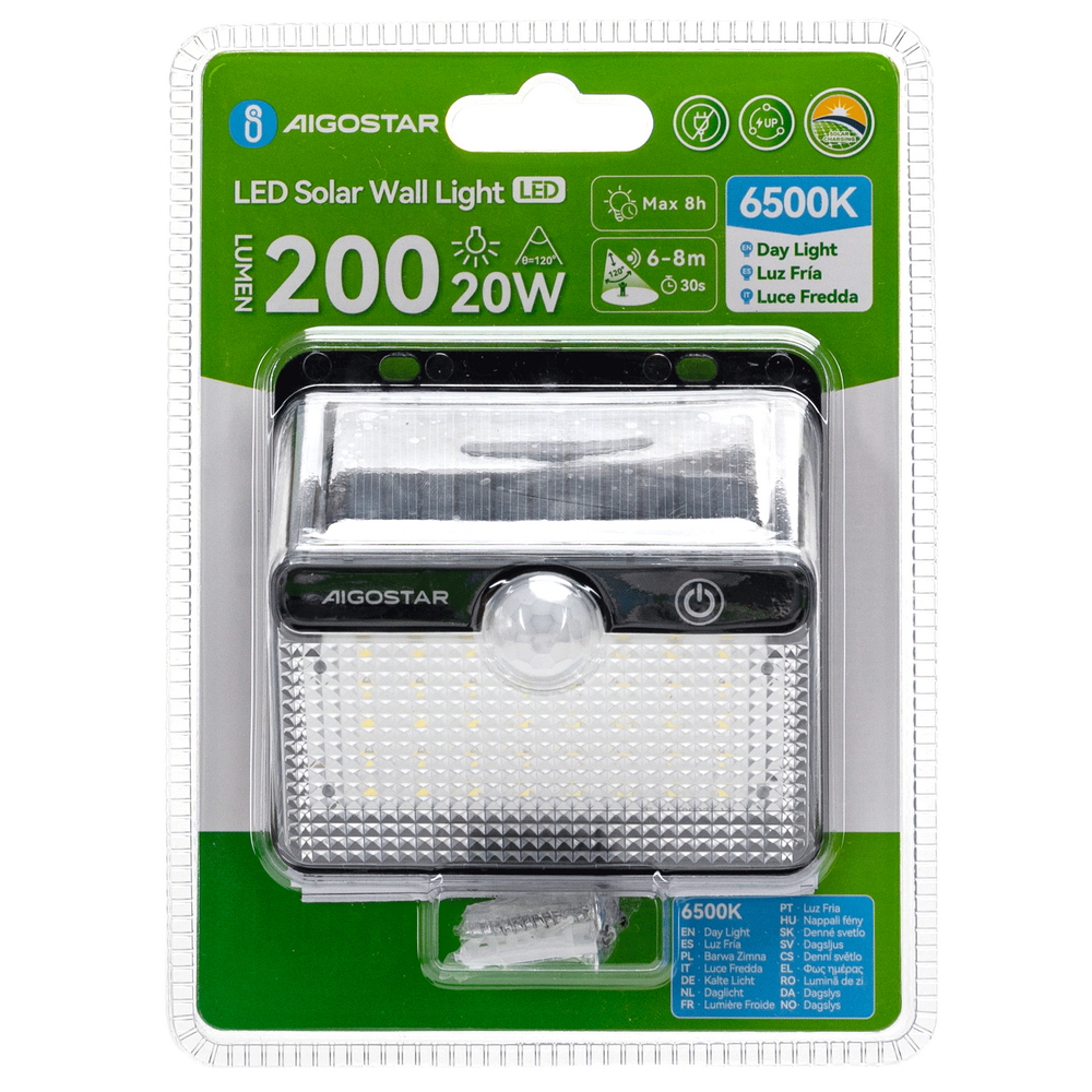 Applique Led 20W Nero con pannello solare IP65 Bianco freddo 6500K con sensore crepuscolare e di movimento Aigostar - Foto 5