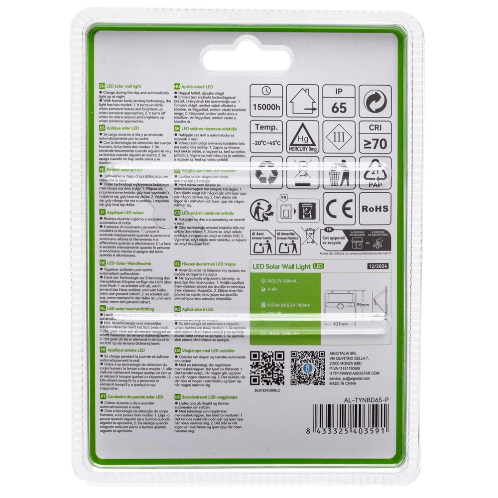 Applique Led 20W Nero con pannello solare IP65 Bianco freddo 6500K con sensore crepuscolare e di movimento Aigostar - Foto 6