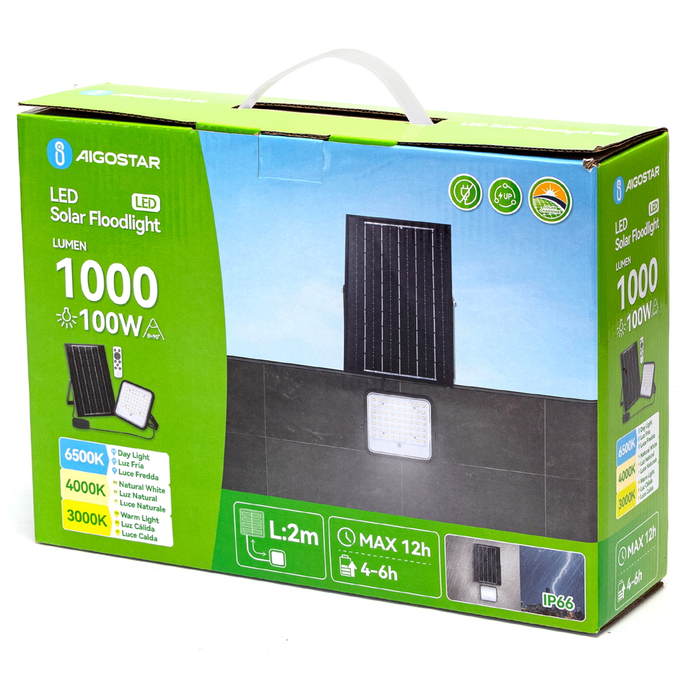 Faro Led 100W Grigio con pannello solare IP66 CCT temperatura colore regolabile Dimmerabile con telecomando e con sensore crepuscolare Aigostar - Foto 4