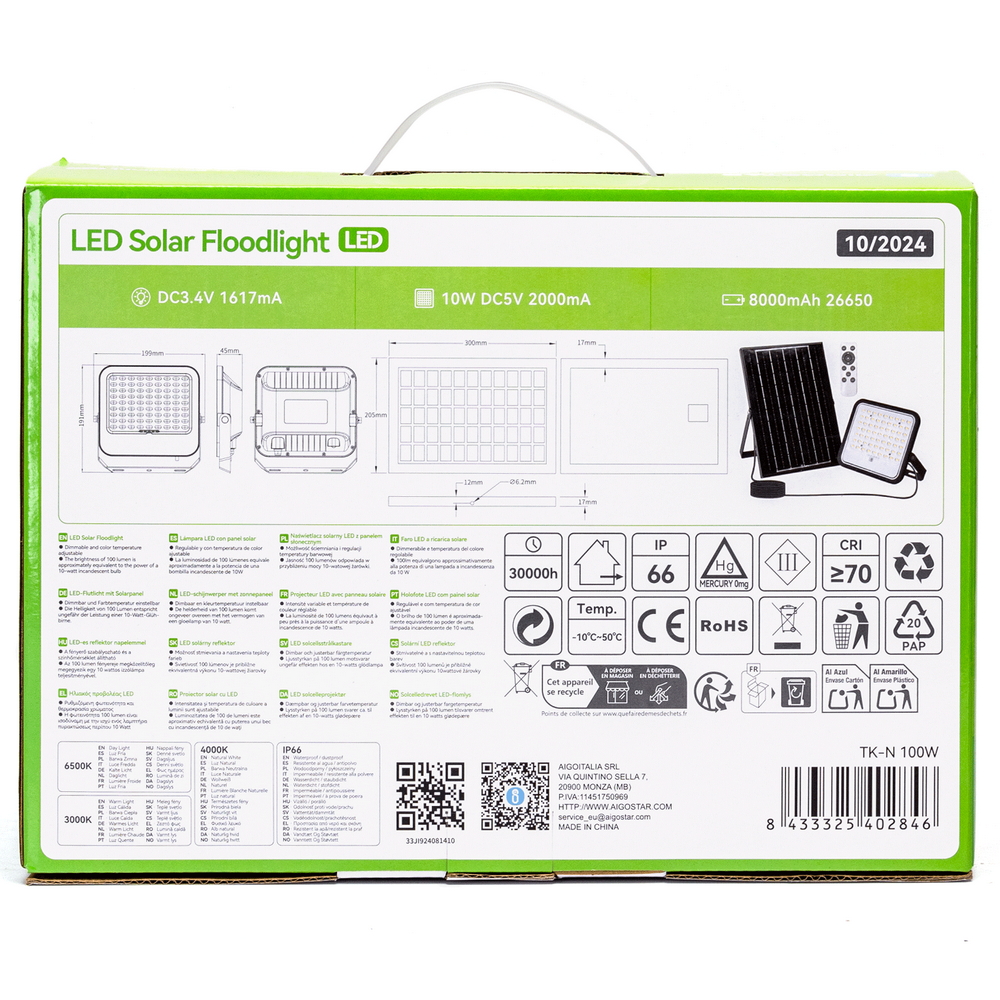 Faro Led 100W Grigio con pannello solare IP66 CCT temperatura colore regolabile Dimmerabile con telecomando e con sensore crepuscolare Aigostar - Foto 5