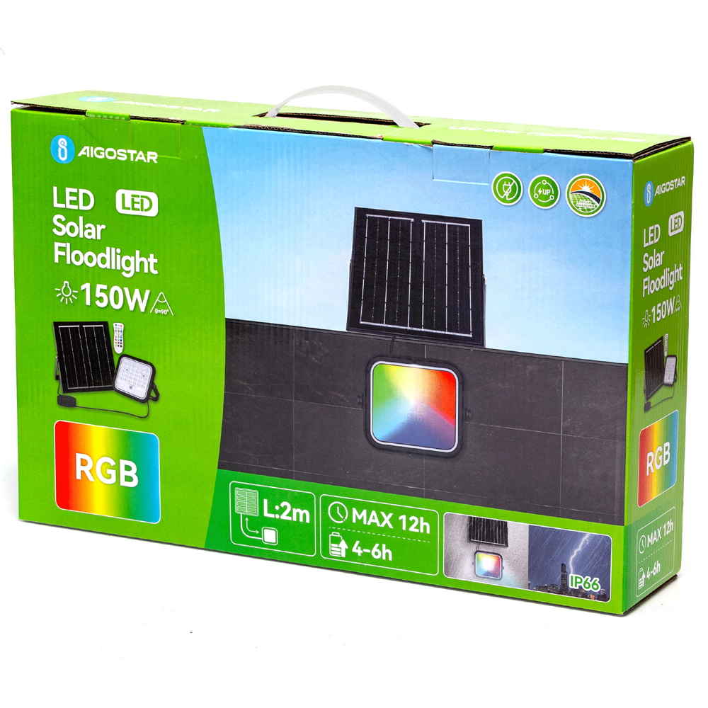 Faro Led 150W Grigio con pannello solare IP66 RGB + Bianco freddo 6500K Dimmerabile con telecomando e con sensore crepuscolare Aigostar - Foto 4