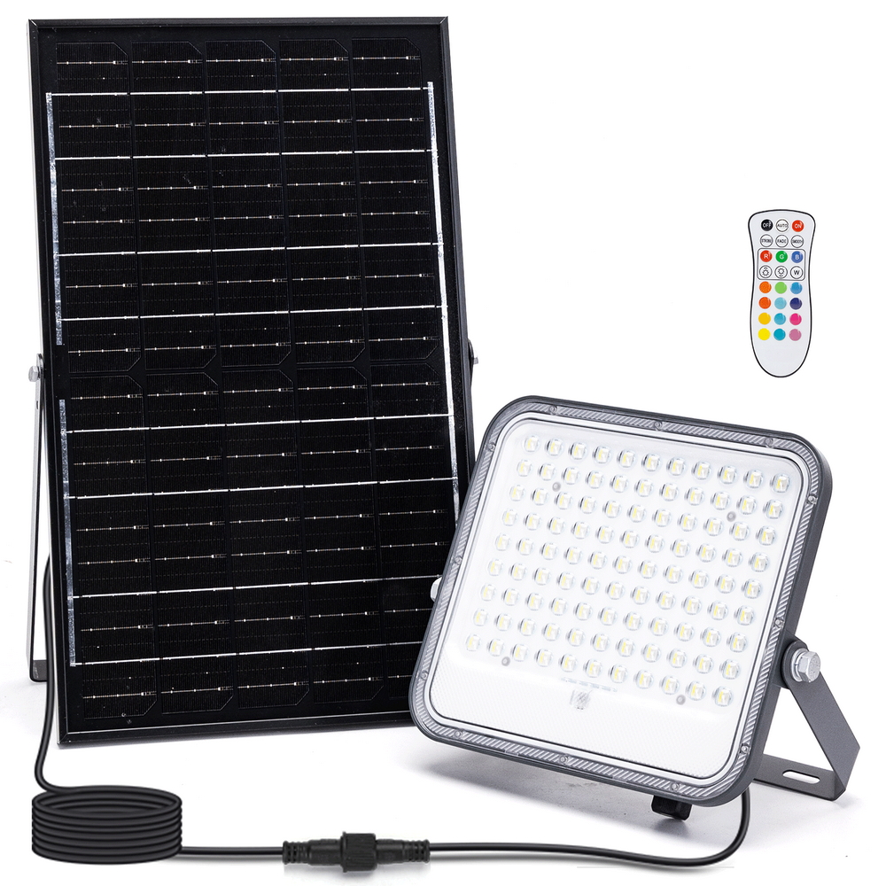Foto principale Faro Led 150W Grigio con pannello solare IP66 RGB + Bianco freddo 6500K Dimmerabile con telecomando e con sensore crepuscolare Aigostar
