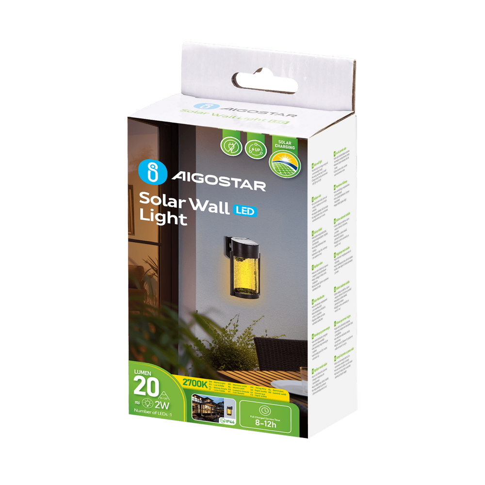 Applique Led 2W Nero con pannello solare IP65 Bianco caldo 2700K con sensore crepuscolare Aigostar - Foto 4