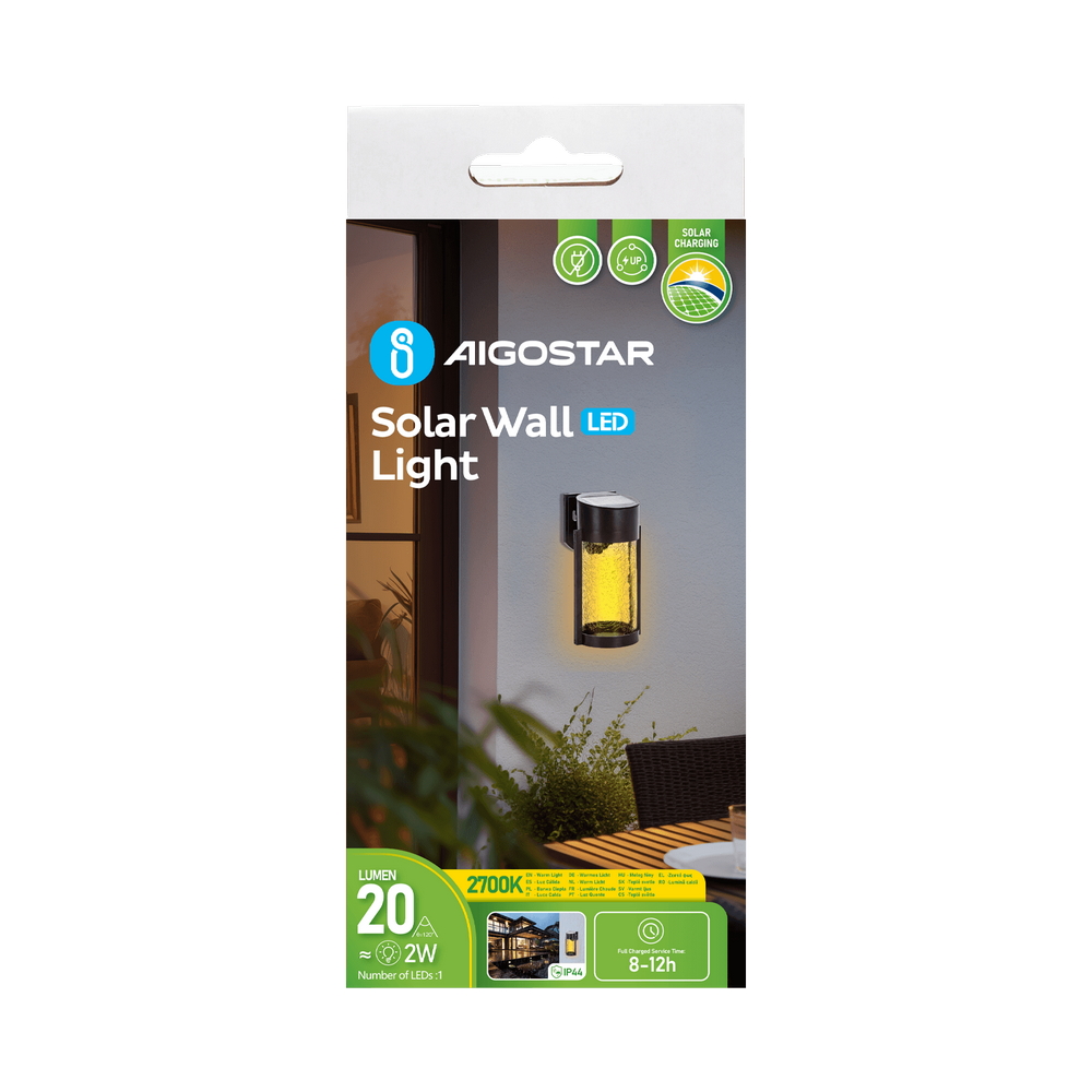 Applique Led 2W Nero con pannello solare IP65 Bianco caldo 2700K con sensore crepuscolare Aigostar - Foto 5