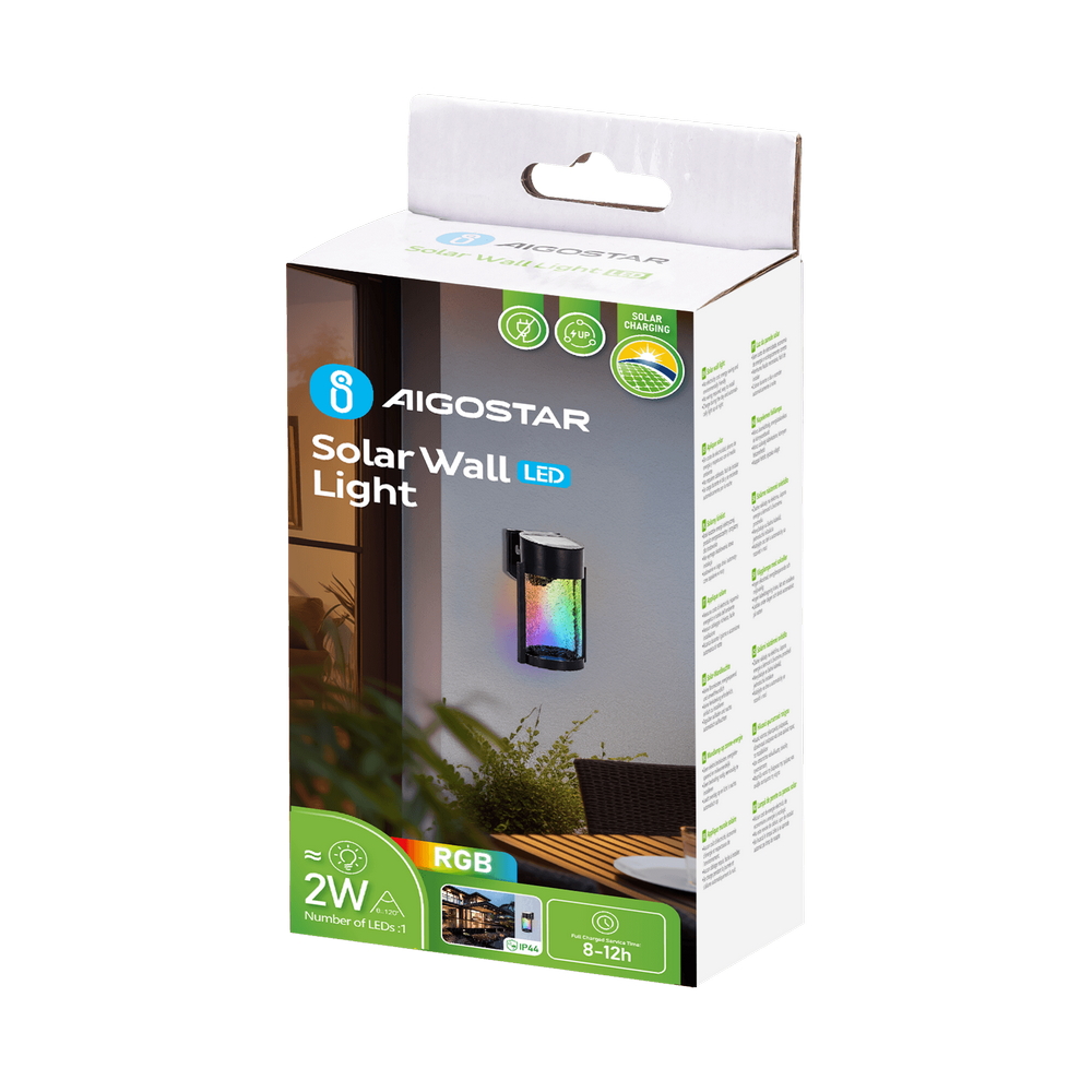 Applique Led 2W Nero con pannello solare IP65 RGB con sensore crepuscolare Aigostar - Foto 4