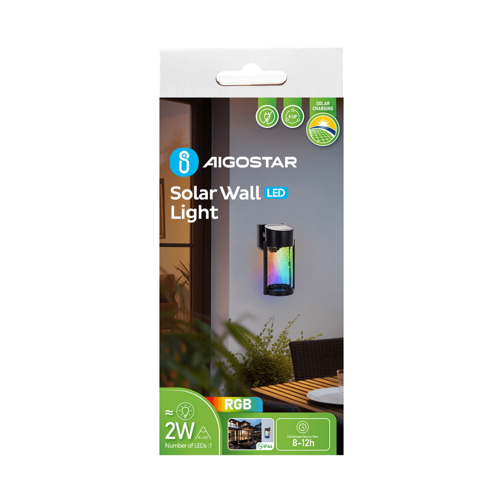 Applique Led 2W Nero con pannello solare IP65 RGB con sensore crepuscolare Aigostar - Foto 5