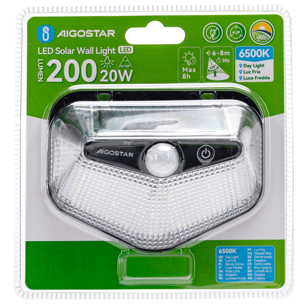 Applique Led multiangolo 20W Nero con pannello solare IP65 Bianco freddo 6500K con sensore crepuscolare e di movimento Aigostar - Foto 5