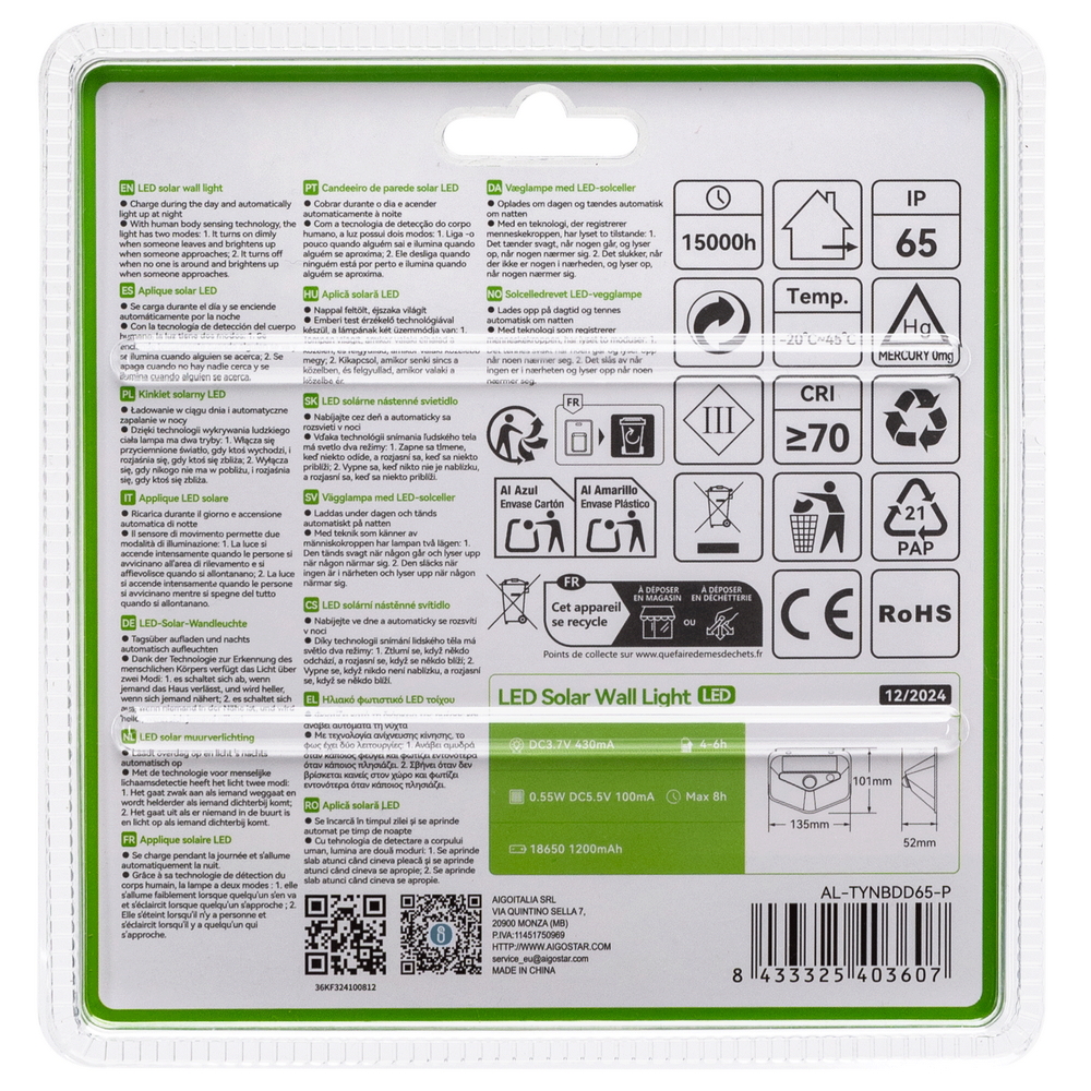 Applique Led multiangolo 20W Nero con pannello solare IP65 Bianco freddo 6500K con sensore crepuscolare e di movimento Aigostar - Foto 6