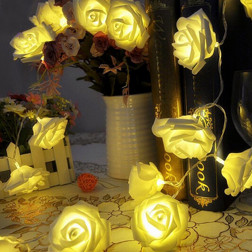 Catena decorata con 10 Rose luminose a Led Bianco Caldo fisso e intermittente 1 metro a batteria Wisdom - Foto 2