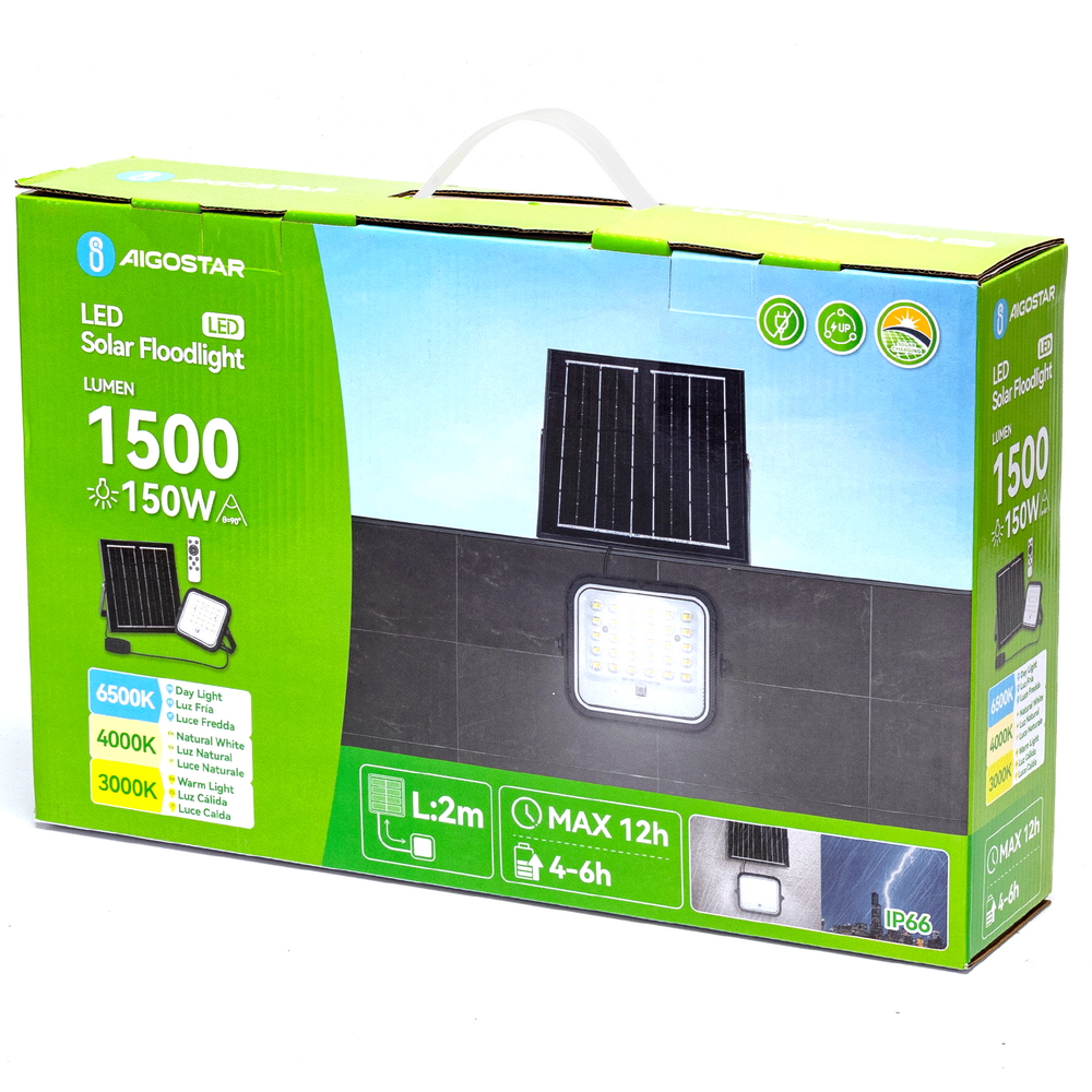 Faro Led 150W Grigio con pannello solare IP66 CCT temperatura colore regolabile Dimmerabile con telecomando e con sensore crepuscolare Aigostar - Foto 4