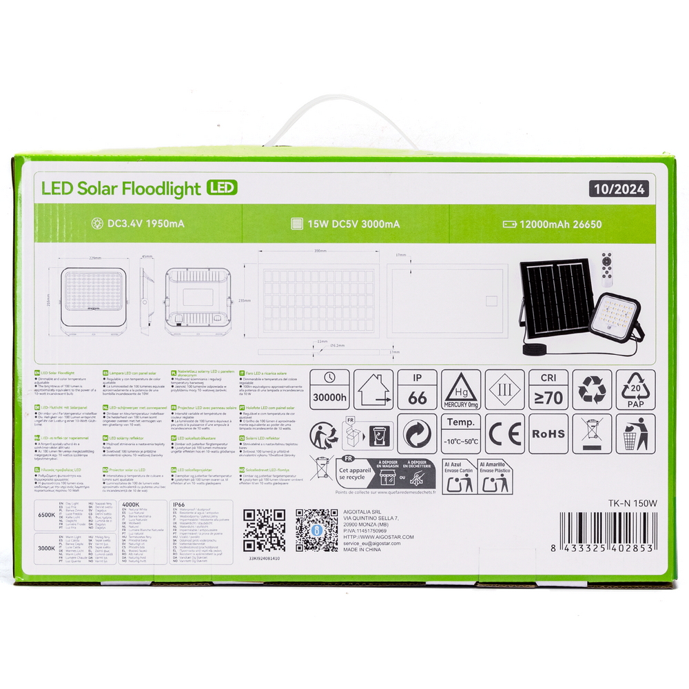 Faro Led 150W Grigio con pannello solare IP66 CCT temperatura colore regolabile Dimmerabile con telecomando e con sensore crepuscolare Aigostar - Foto 5