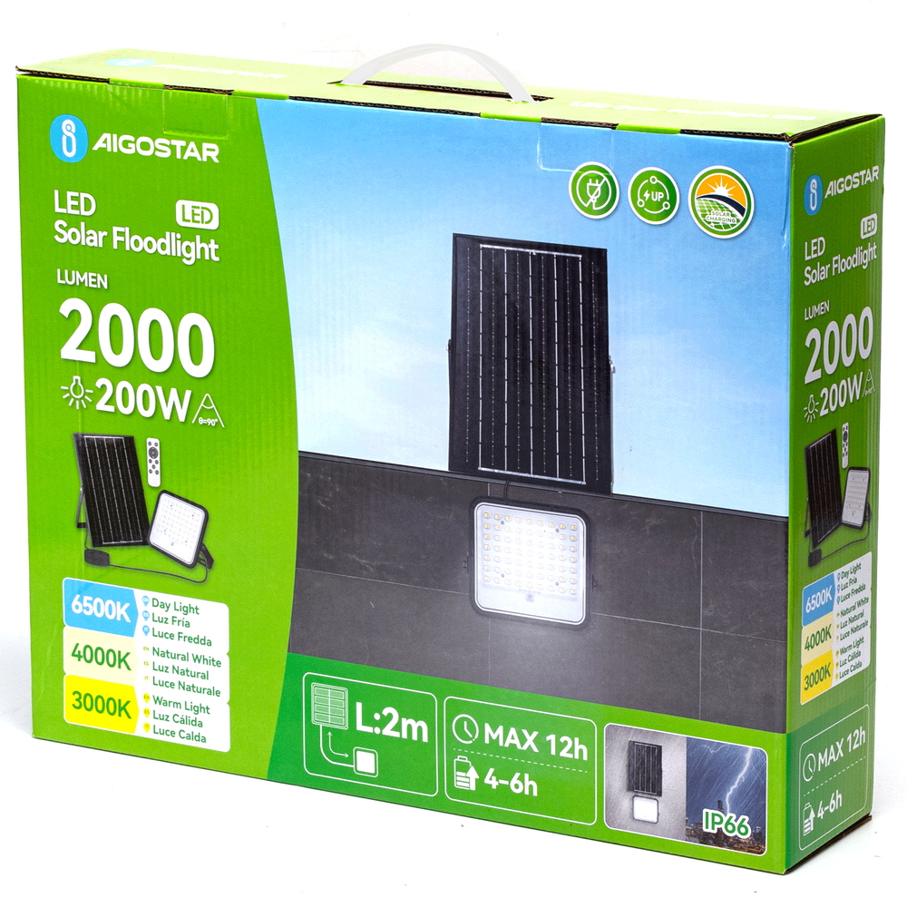 Faro Led 200W Grigio con pannello solare IP66 CCT temperatura colore regolabile Dimmerabile con telecomando e con sensore crepuscolare Aigostar - Foto 4