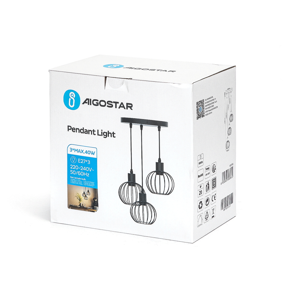 Lampadario da soffitto Trio Nero opaco 3 x E27 Aigostar - Foto 7